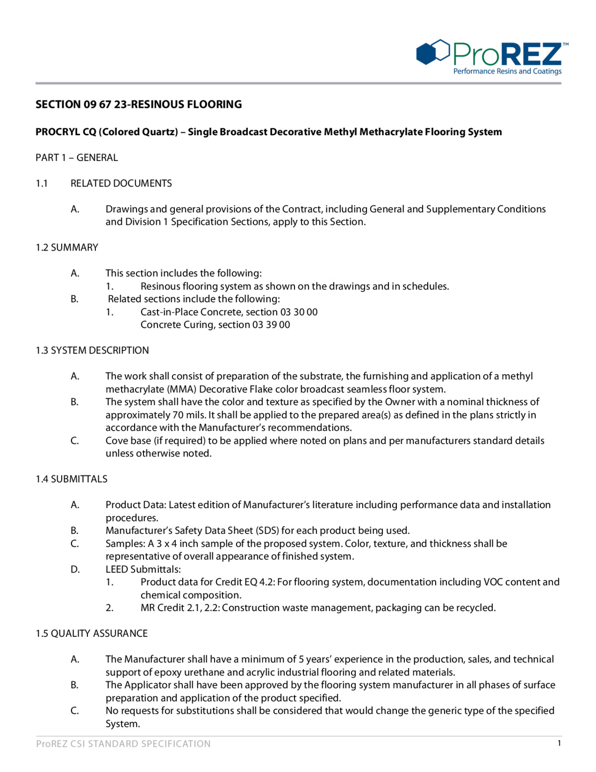 ProCryl CQ Single Broadcast CSI Specification thumbnail