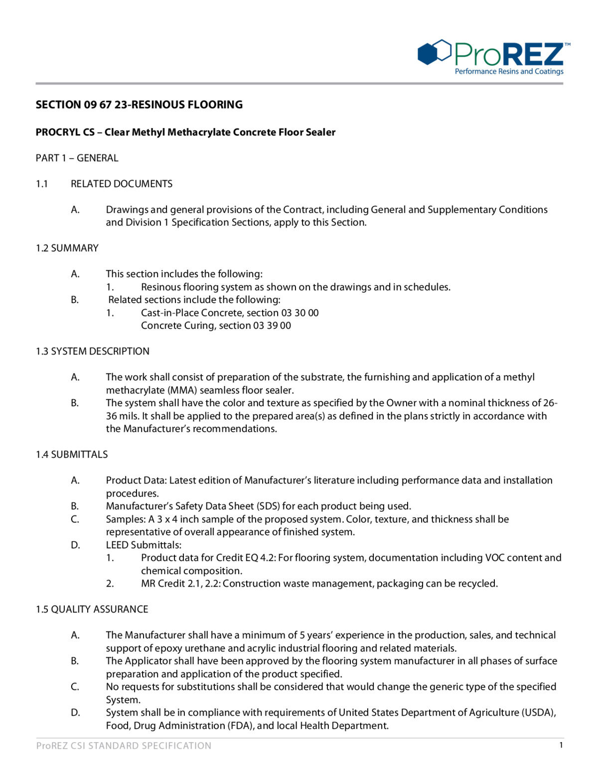 ProCryl CS 1 CSI Specification thumbnail