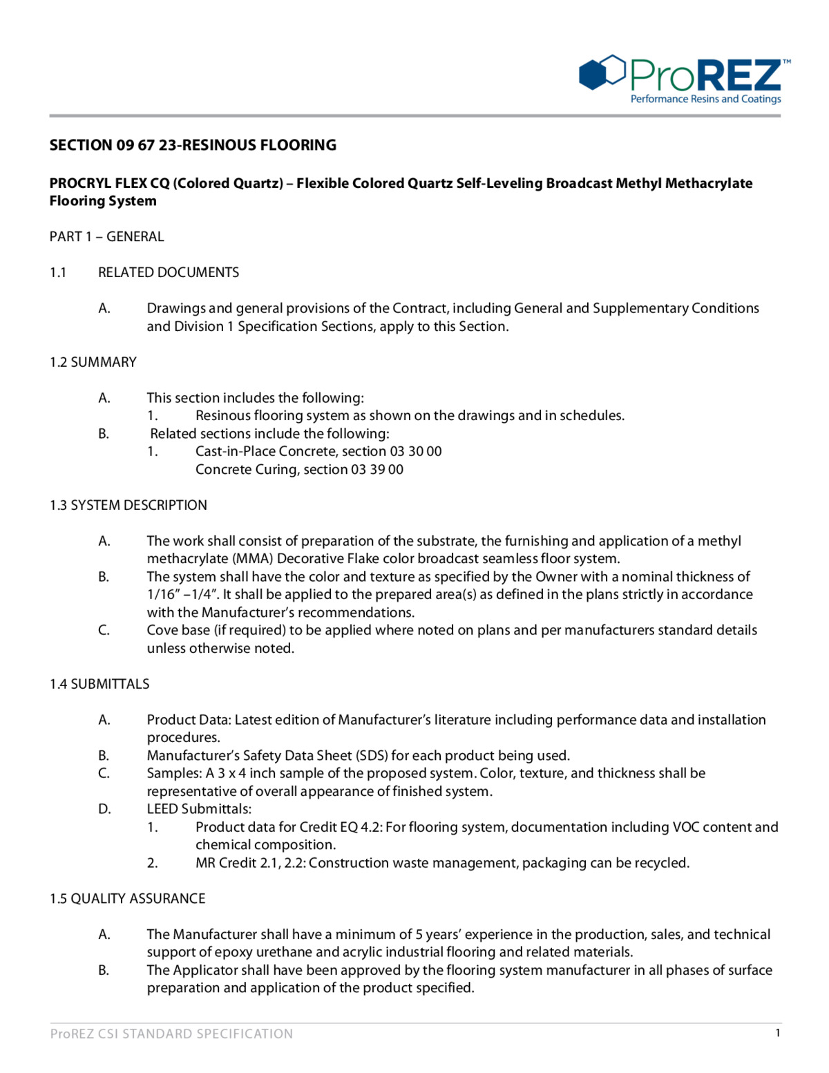 ProCryl Flex CQ CSI Specification thumbnail