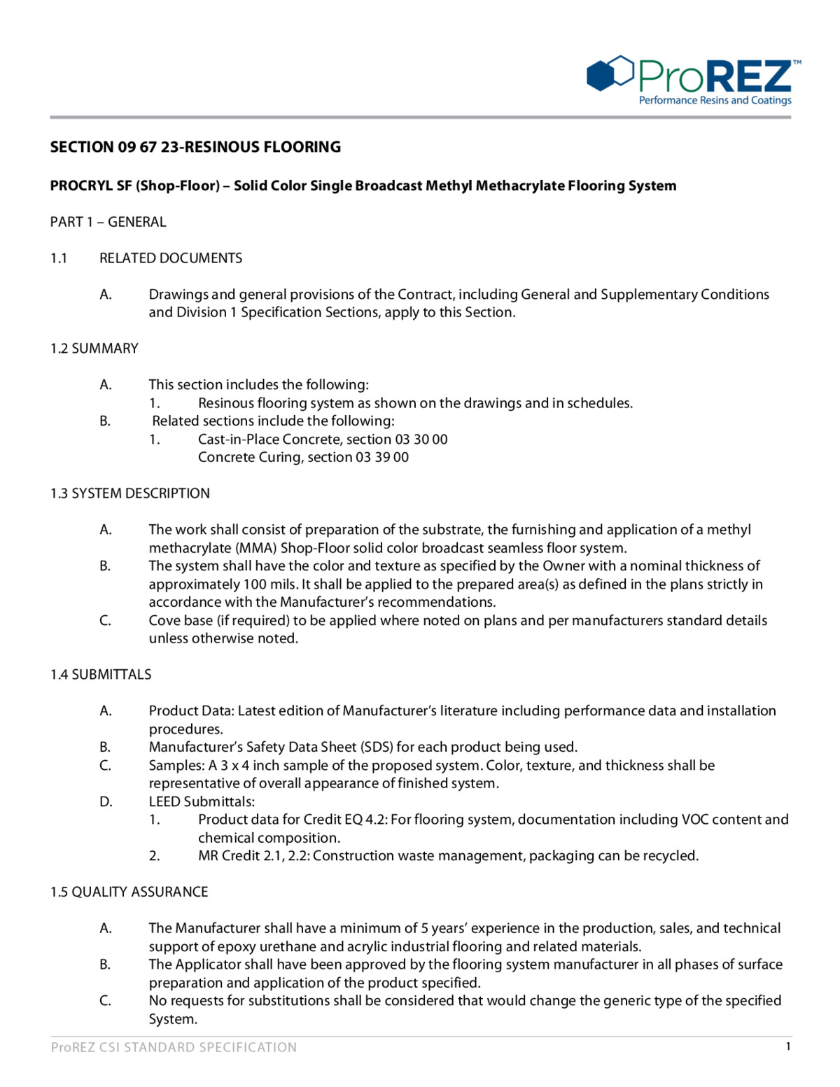 ProCryl SF Single Broadcast CSI Specification thumbnail