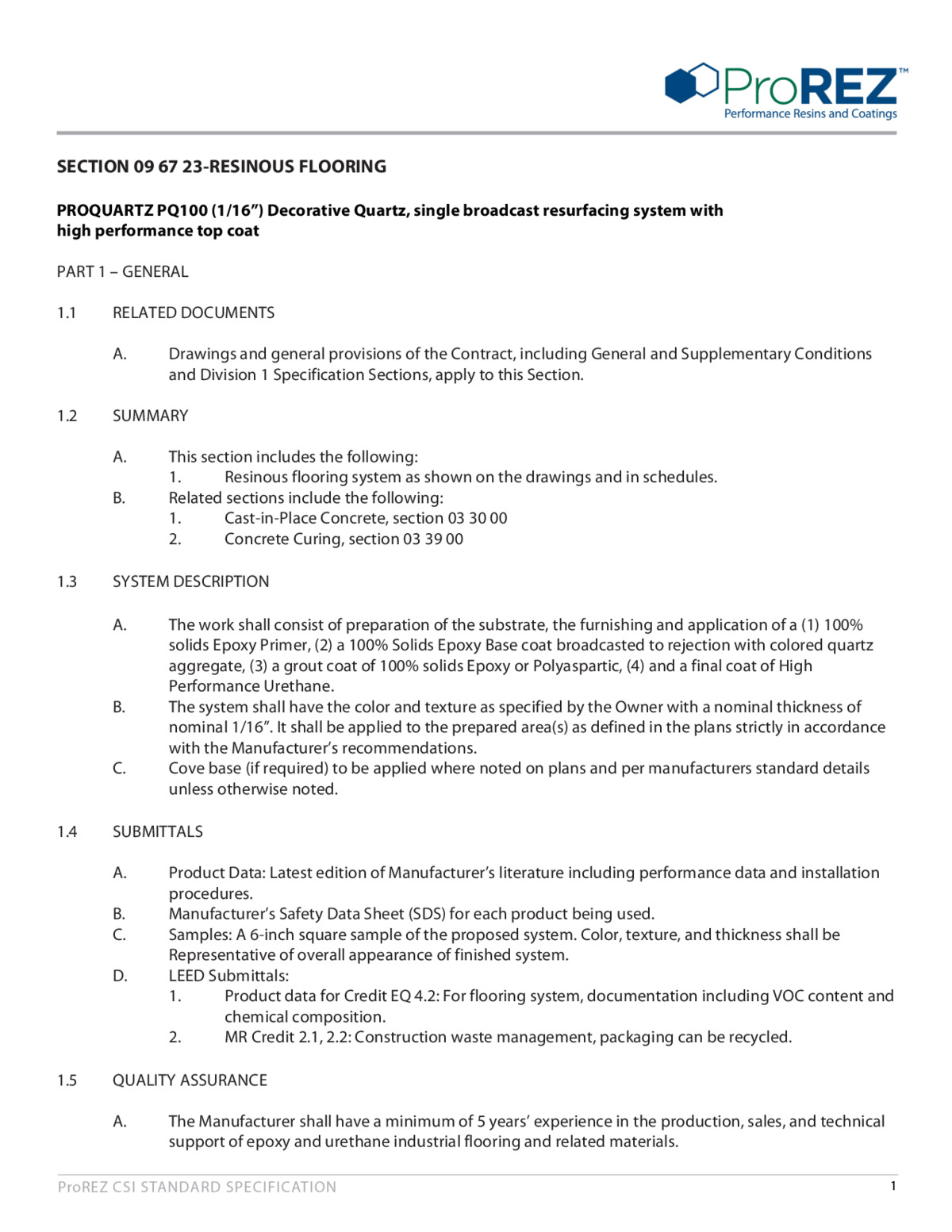 ProQuartz PQ 100 CSI Specification thumbnail
