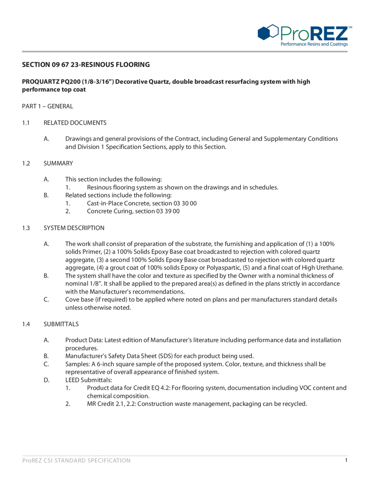 ProQuartz PQ 200 CSI Specification thumbnail