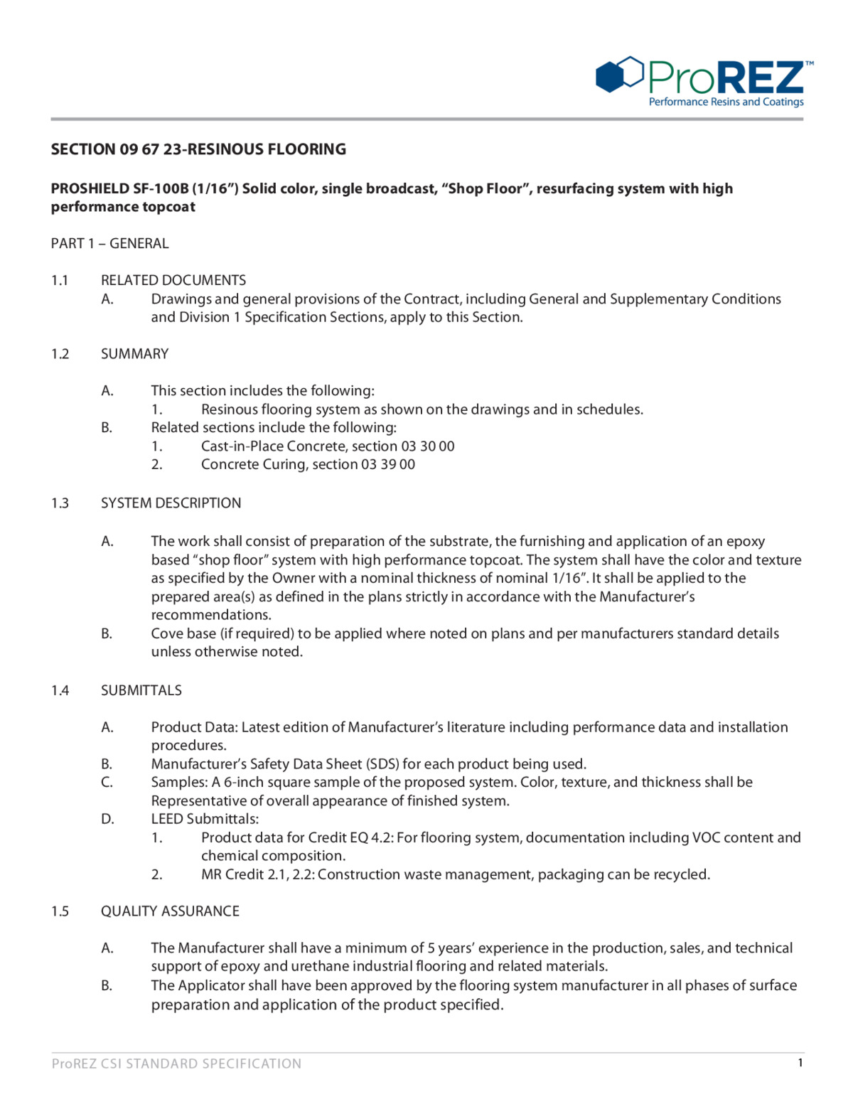 ProShield SF 100B CSI Specification thumbnail