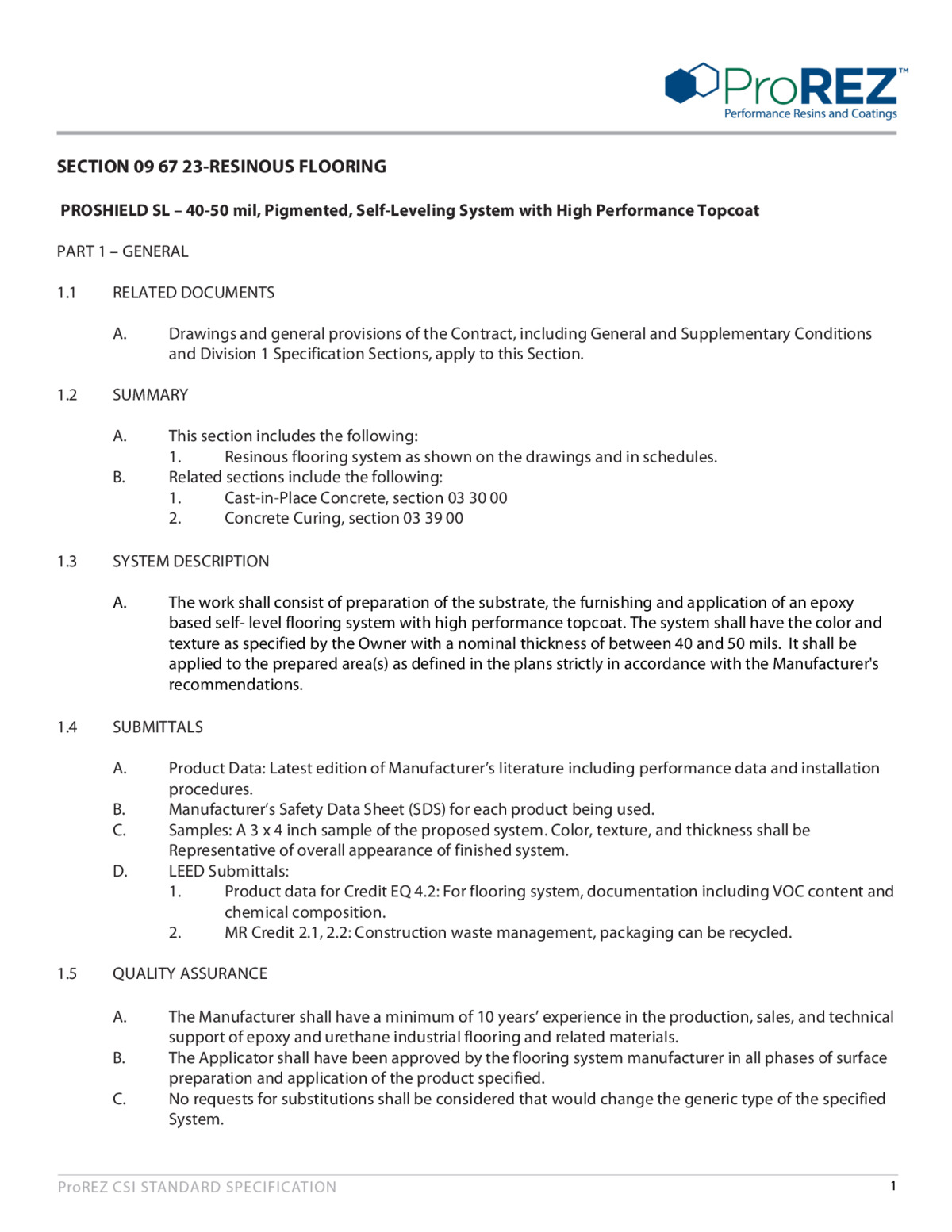ProShield SL 40 50 CSI Specification thumbnail