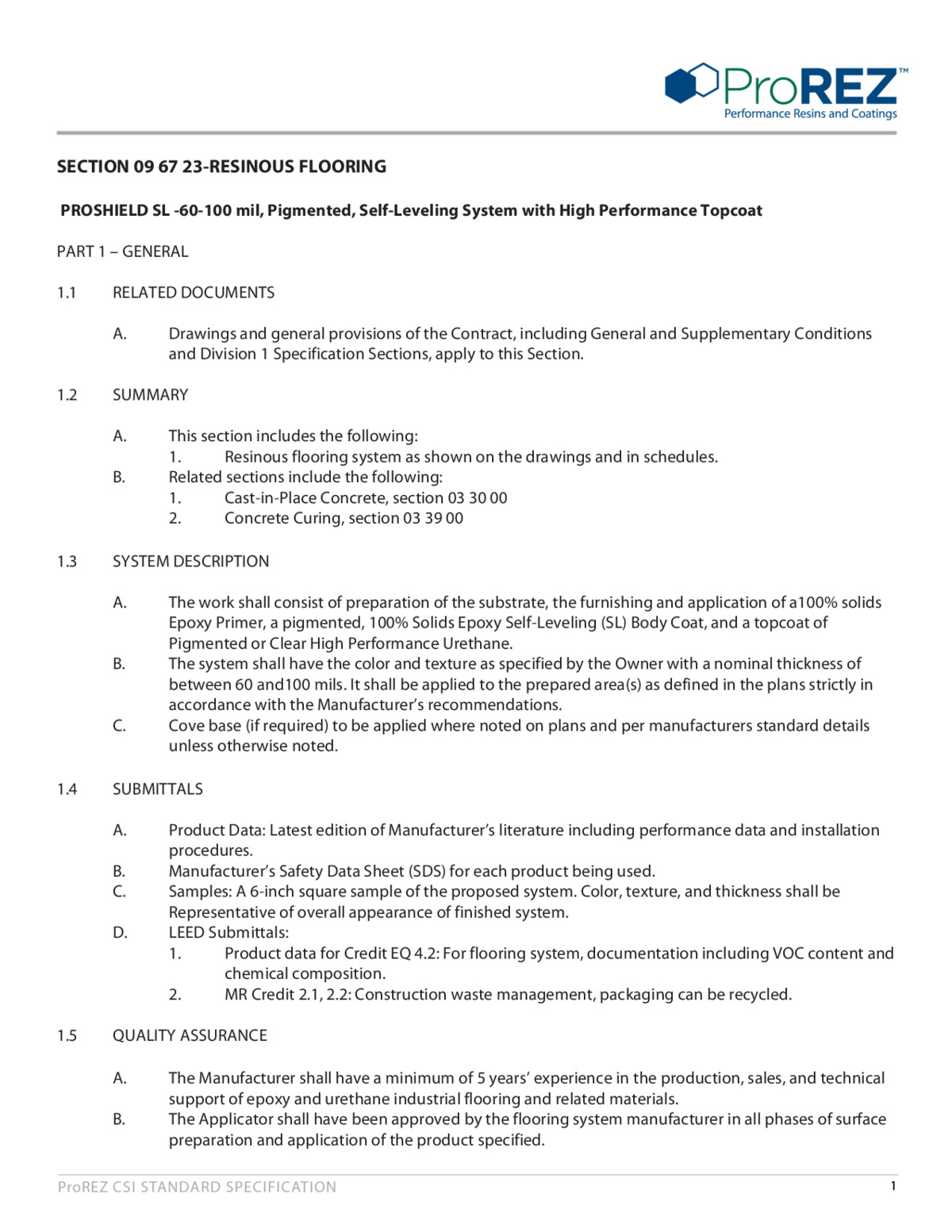 ProShield SL 60 100 CSI Specification thumbnail